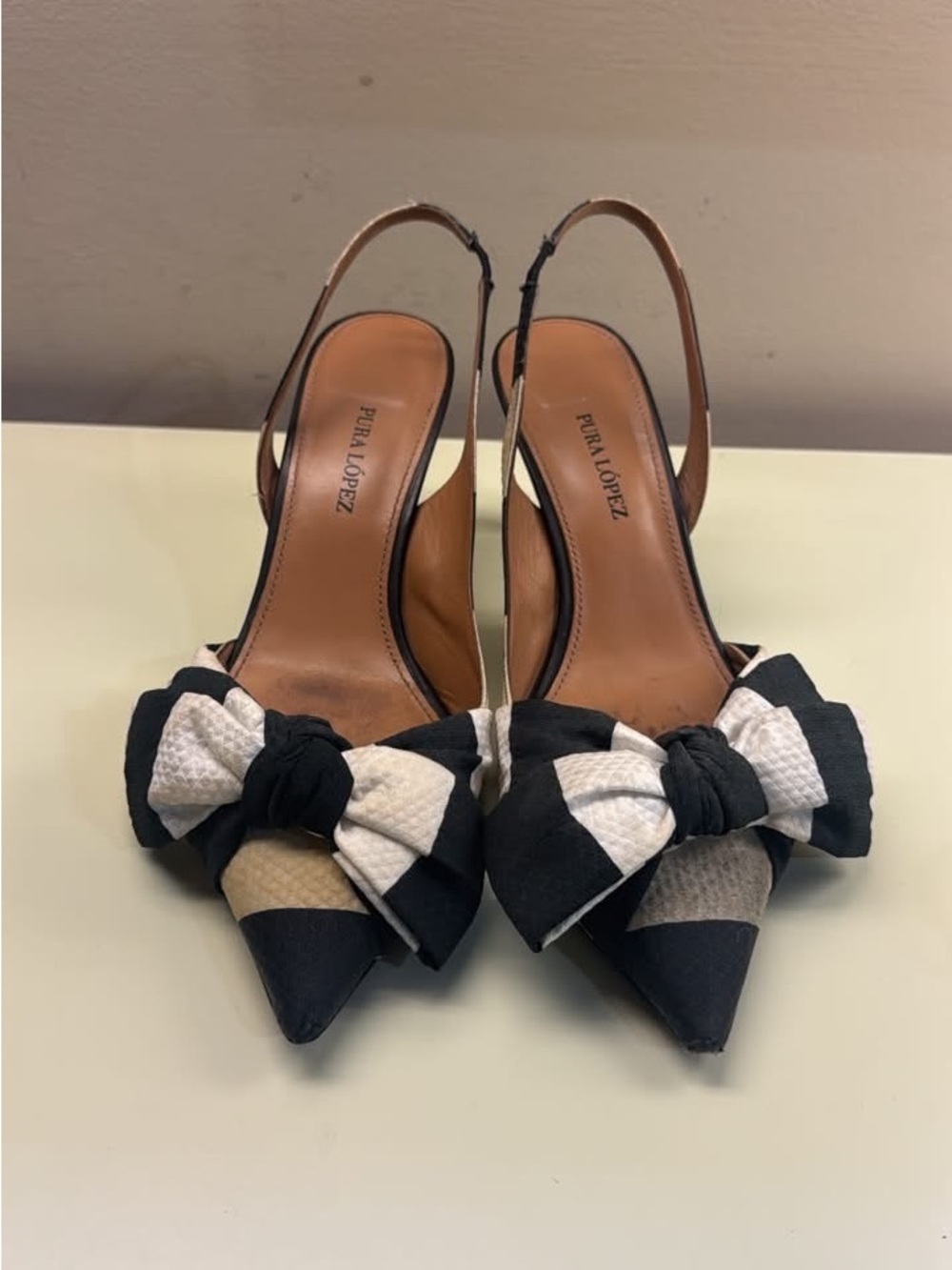 Pura Lopez Black & White Bow Slingback Pumps